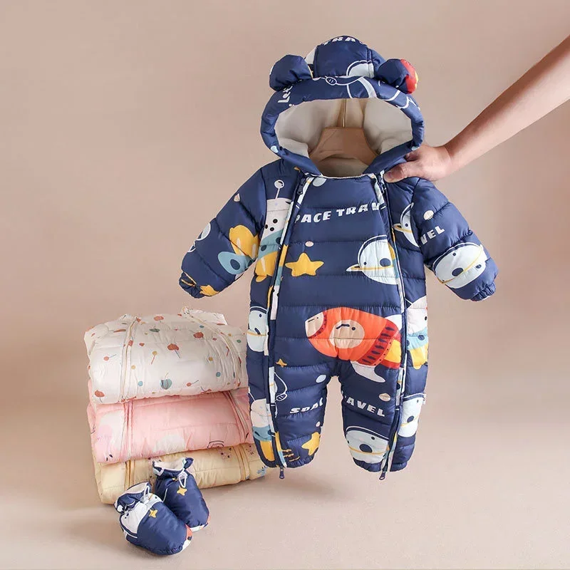 

Children Autumn Winter Overall For Infant Down Cotton Thicken Clothes Hooded new born Baby costume Boys Girls Jumpsuit Romper