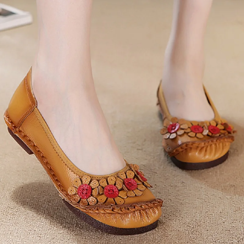 Feerldi Blue Mom Casual Flats Woman Soft Floral Oxford Shoes for Women Summer Genuine Leather Shoes Ladies Handmade Sewing Flats