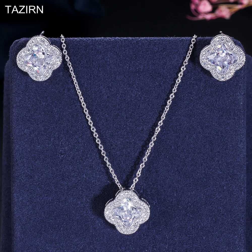 TAZIRN Lucky Four Leaf Grass Cubic Zirconia Pendant Necklaces and Earrings Sets for Women Wedding Party Prom Jewelry Accessories