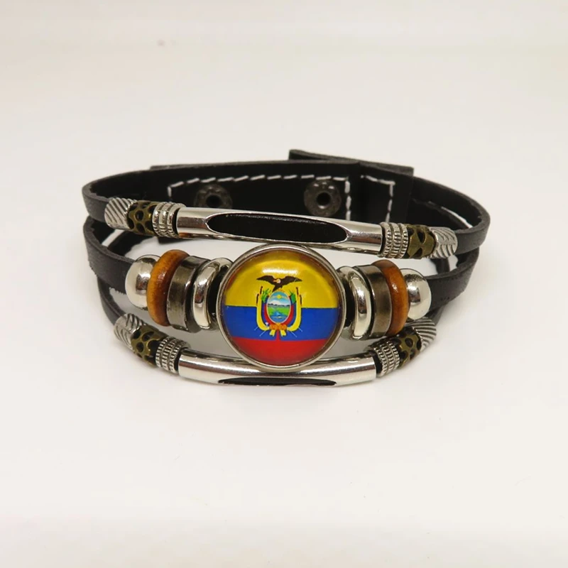 Ecuador Bracelet Charm Ecuador Flag Symbol Pattern Glass Cabochon Snap Button Leather Bracelets & Bangles For Men Women Jewelry