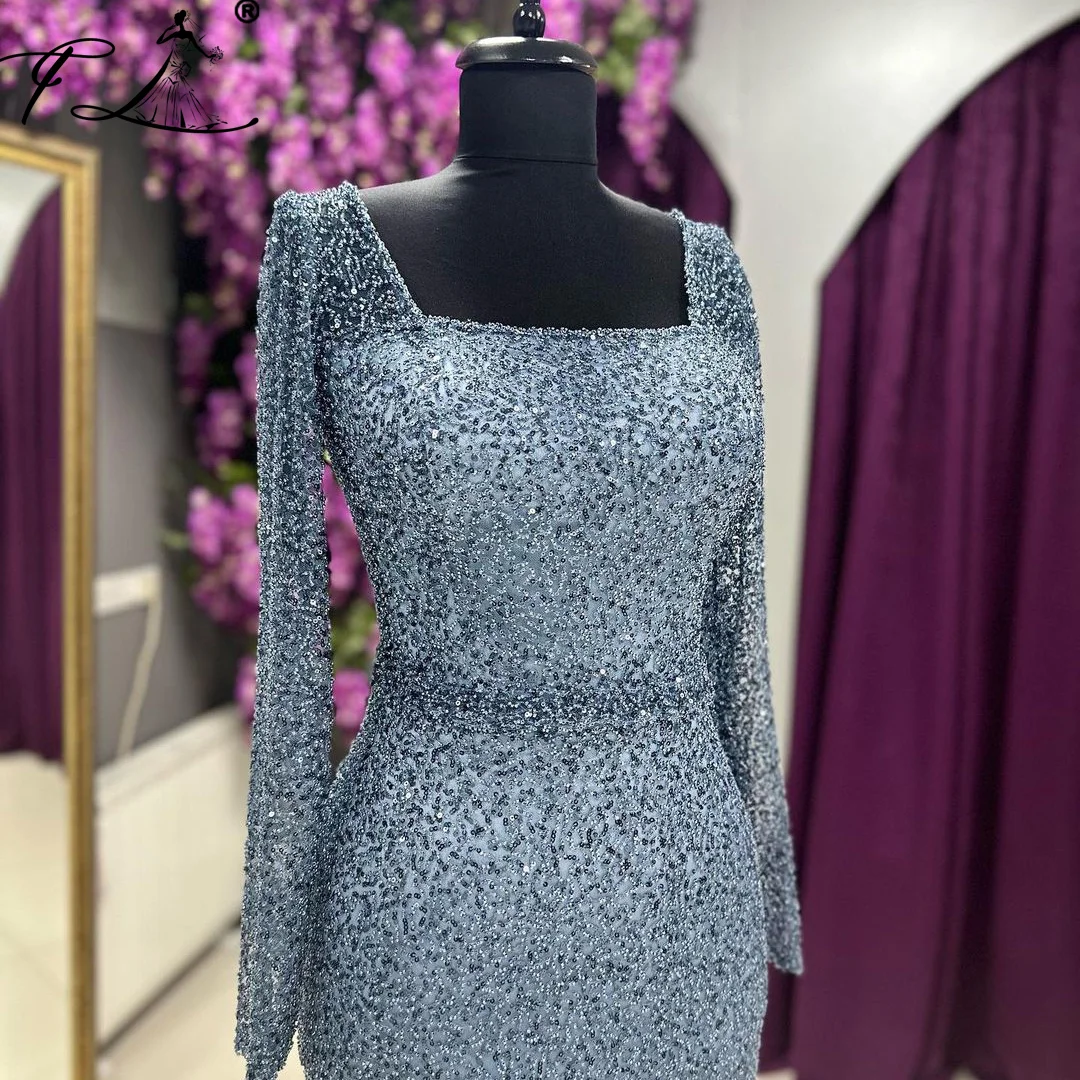 Blue Beaded Mother Of The Bride Dresses 2025 Square Neck Evening Dress Long Sleeves Robe Customized