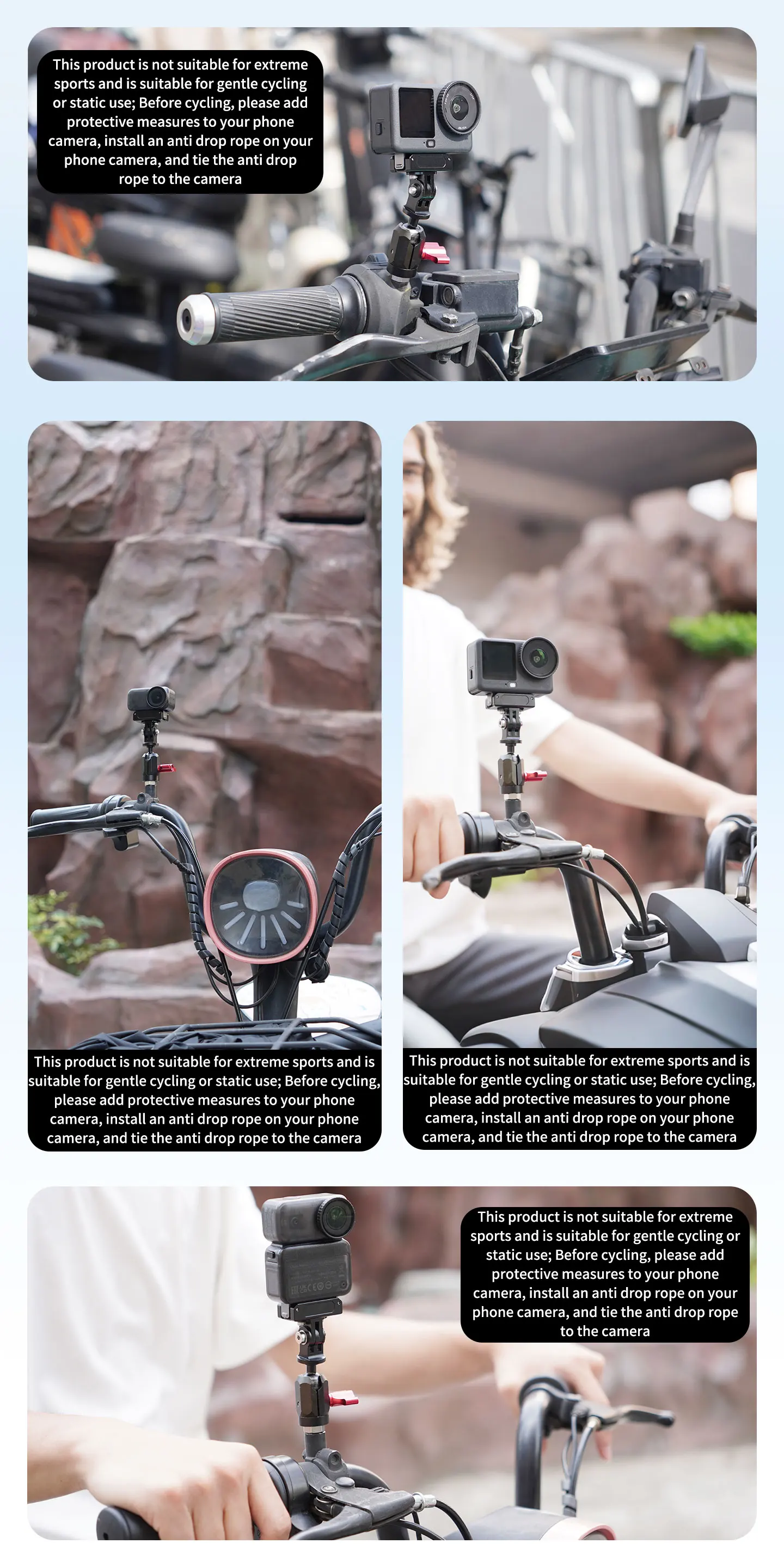 Aluminium-Action-Kamera-Halterung 2kg Traglast 3-Punkt-Adapter 17mm Kugelkopfklemme für GoPro Insta360 DJI OSMO Motorrad Fahrrad Stativ – Detail 15