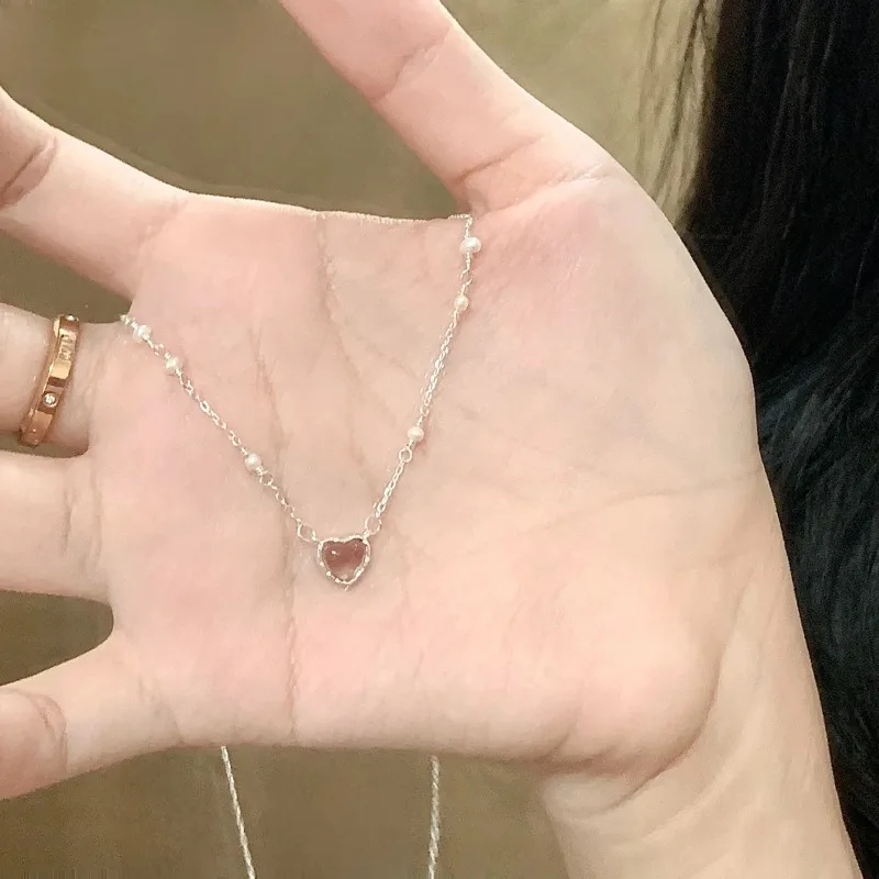 Sweet Cute 925 Sterling Silver Pink Heart-shaped Crystal Pendant Necklace for Women Korean Girlish Style Jewelry Accessory Gifts