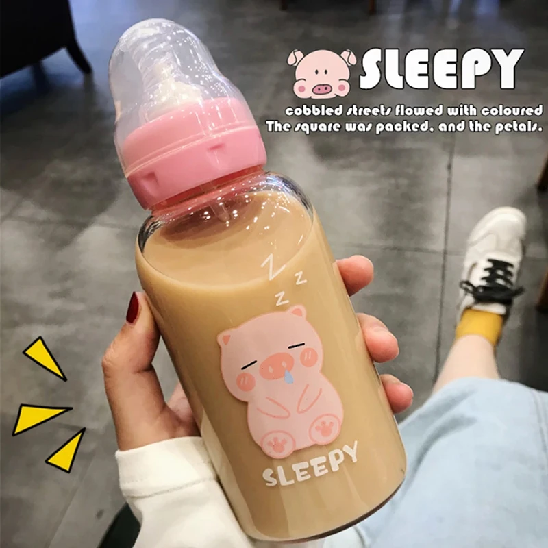 Cute Pacifier Glass Water Bottle With Straw Creative Personality Adult Kid Nipple Bottle Portable Cup Water Bottles For Girls