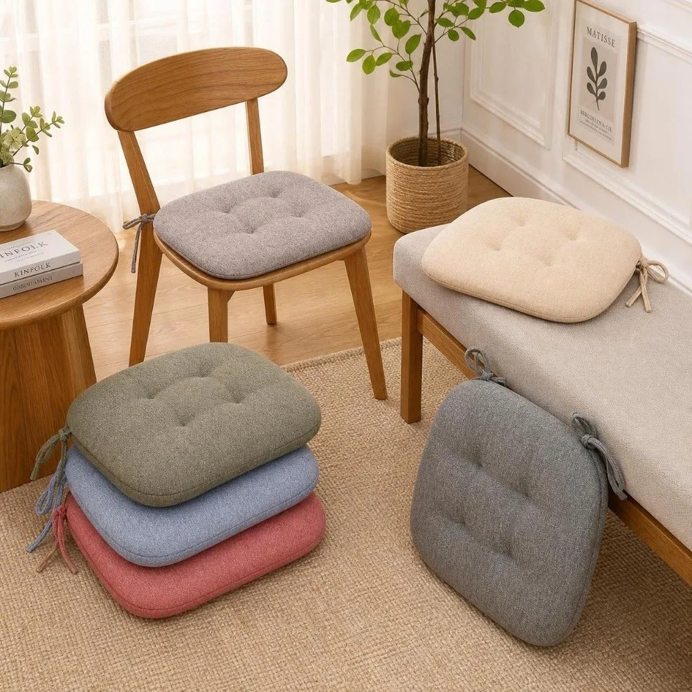 New Non-Slip Chair Cushion Breathable Cotton Linen Chair Pad Thick Sponge Filled With Straps Seat Cushion Dining Room