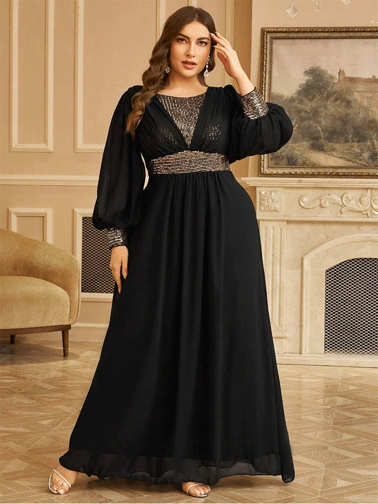 Plus Size Long Sleeve Mesh Floor-Length Evening Dress 4xl 5xl Big Size Black Long Sleeve Chiffon Sequin Floor-Length Prom Gown