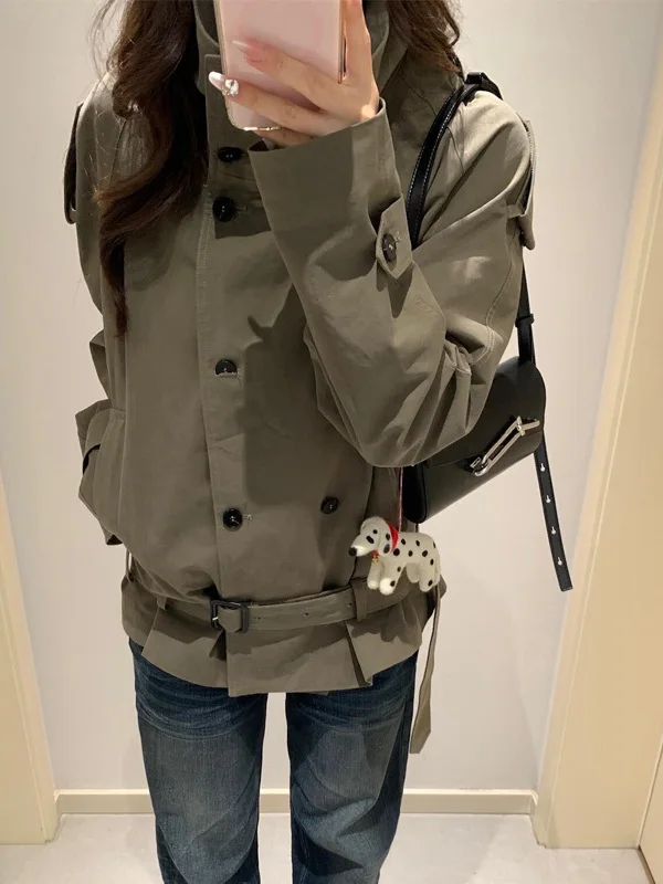 

Ретро-модное зеленое пальто с воротником-стойкой, женское, новый стиль, повседневное, свободное, универсальное, модное, из полиэфирного волокна, в корейском стиле