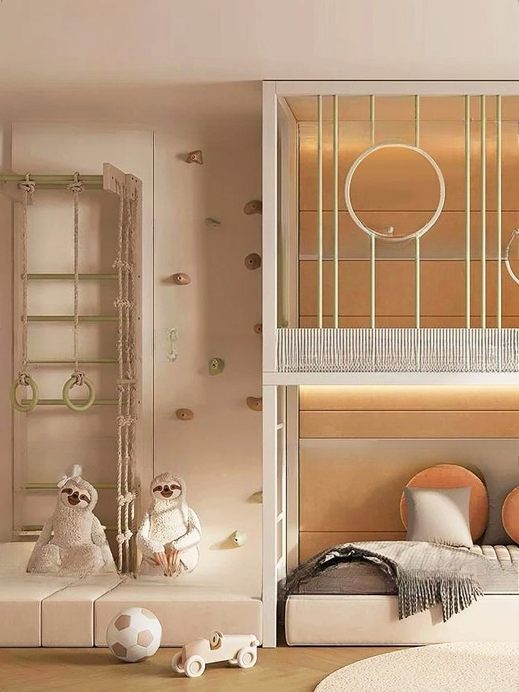 سرير علوي وسفلي حديث وبسيط، سرير عالي وسفلي من الخشب الصلب بطول 1 متر 2 سرير بفتحة دائرية سلم