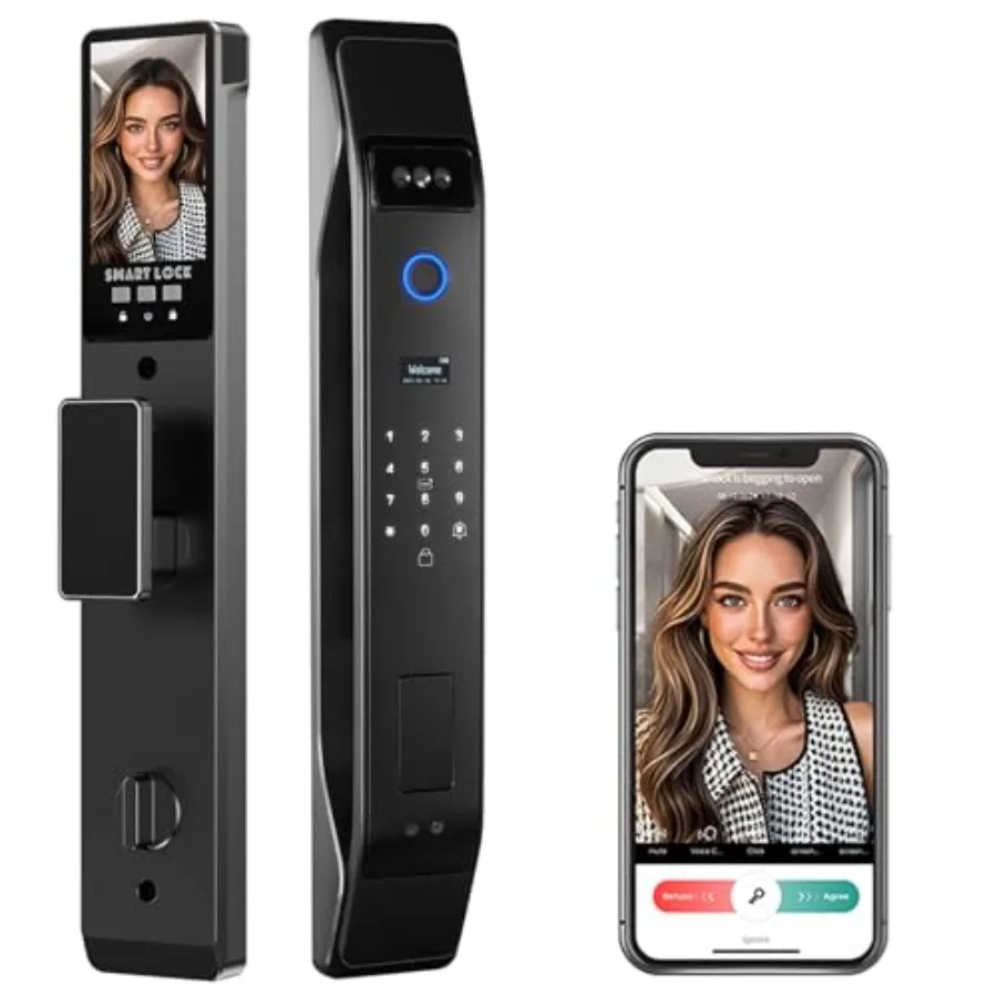 

3D Face Recognition Smart Door Lock with Video Intercom for Home Office Aluminum Black Heavy Duty Mortise Lock with Biometric F