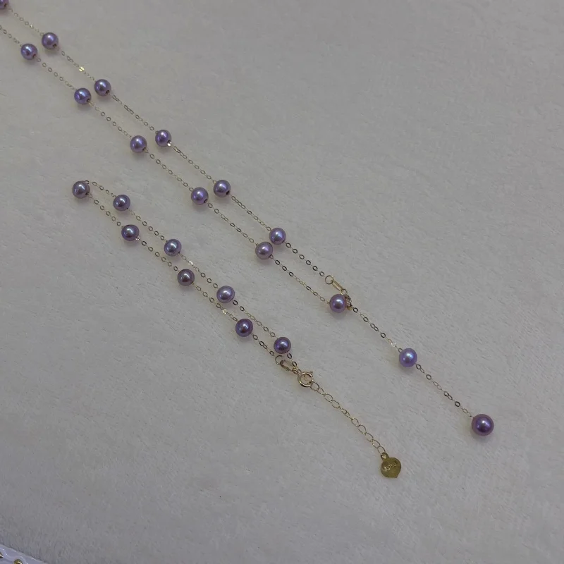 

New natural pearl Jewelry sets 18K yellow Gold necklace bralecet Fine Jewelry AU750 Round purple Women's Banquet Wedding T418