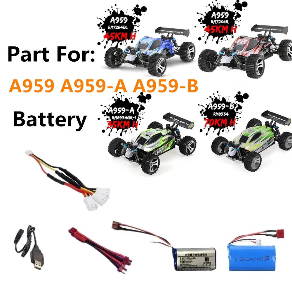 Acessórios bateria para wltoys a959 rc carro 7.4v 1500mah/3000mah WLA959-A A959-B bateria t-plug/3 in1 cabo