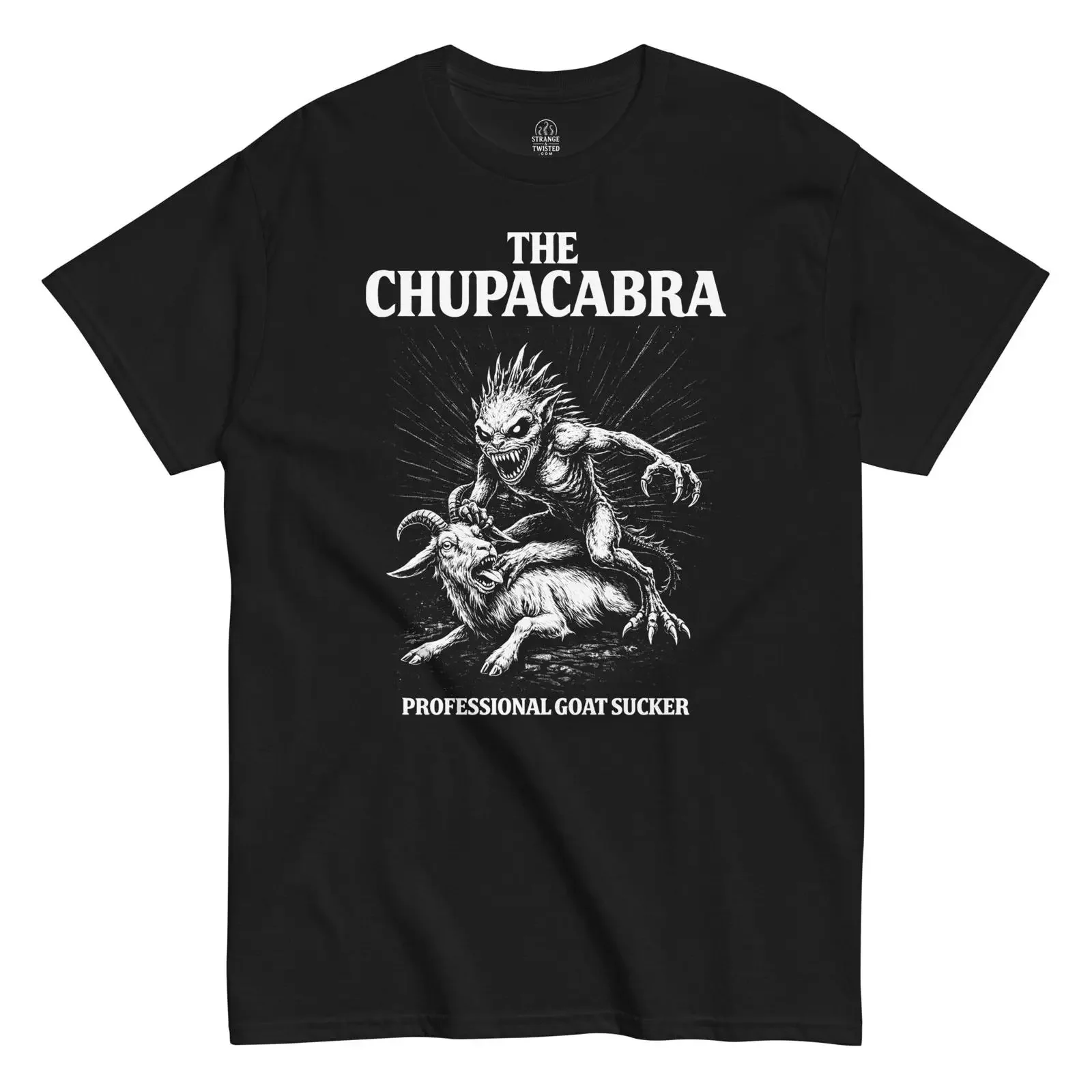 Chupacabra cryptid illustration t shirt on black attacking goat with Professional Sucker text vintage Washed