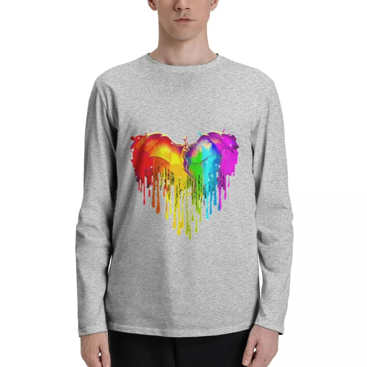 Dragon LGBT Heart Aquerello Elegante camiseta de manga larga para hombre, tela duradera, ajuste relajado, perfecta para cualquier ocasión casual.