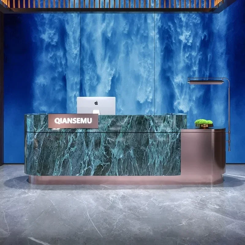 

Modern simple hotel lobby reception desk sales office green rock slab bar checkout page front desk customization Reception Desk