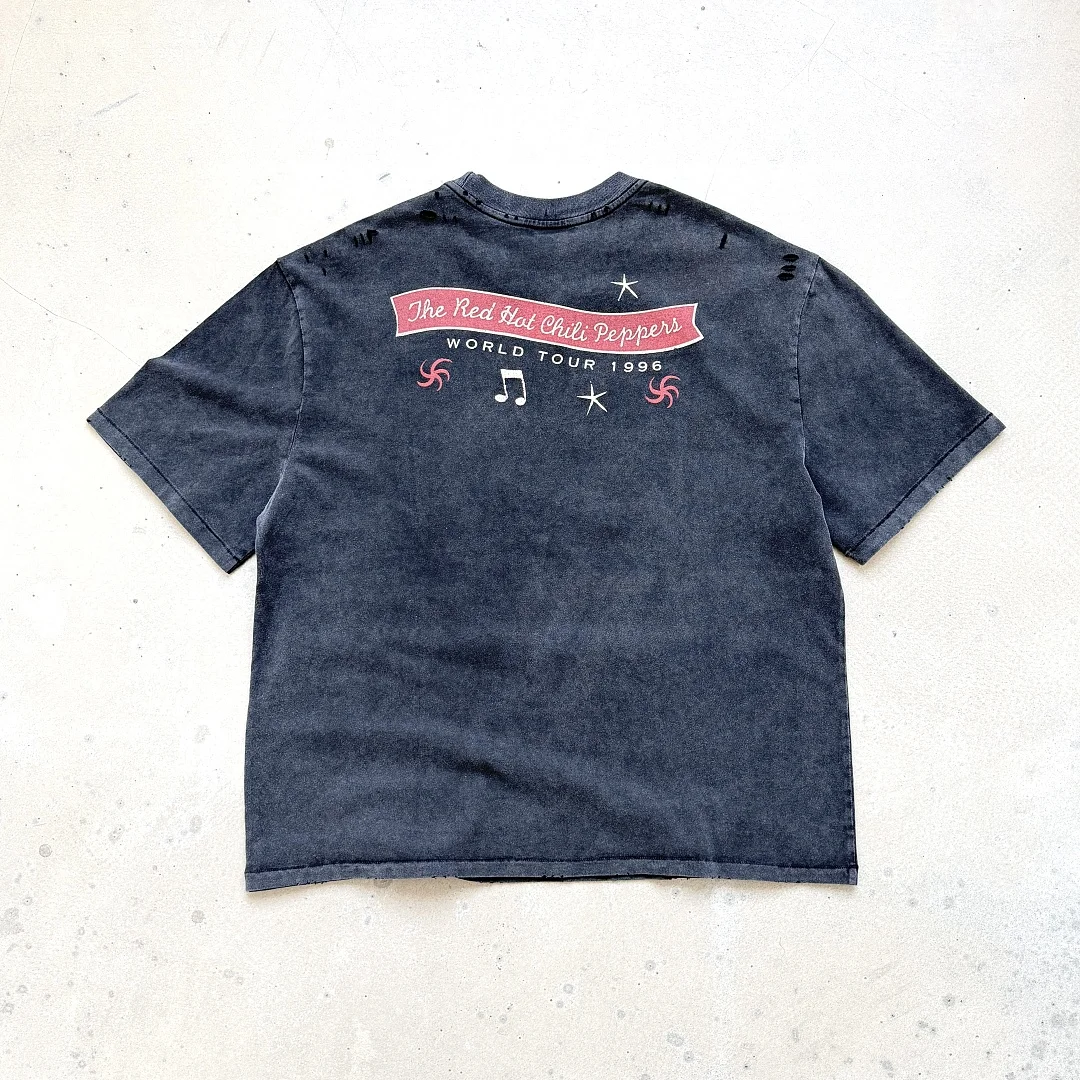 Vintage Washed Black Distressed T-Shirt Saint Graphic Print Y2K Streetwear Oversized Loose Crew Neck Short Sleeve Cotton Tee