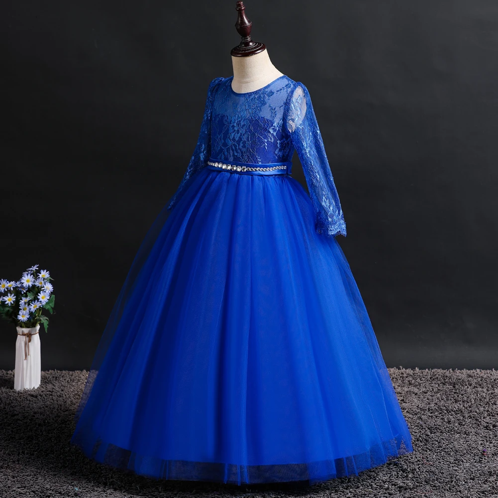 Blue European and American best-selling children\'s bridesmaid dress lace long sleeved large skirt, flower girl princess dress