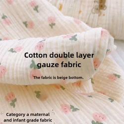 Double Layer Cotton Gauze Fabric Cartoon Printed Soft By The Meter for Baby Clothes Sheet Pajamas Sewing Crepe Cloth Beige White