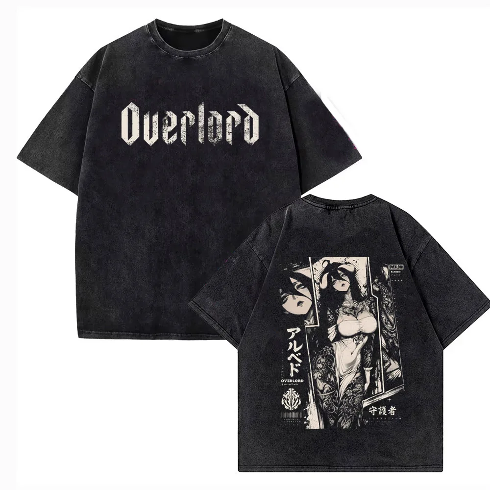 Vintage Washed Manga Overlord Albedo T-shirt Men Women Clothing Anime T Shirt Oversized Short Sleeve 100% Cotton Tees Tops