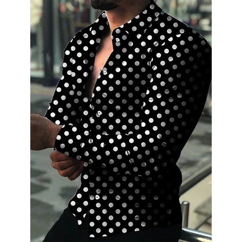 

New Spring Autumn Social Men Shirts Turn-Down Collar Buttoned Casual Dots Print Long Sleeve Shirt Tops Streetwear Men's Shirt