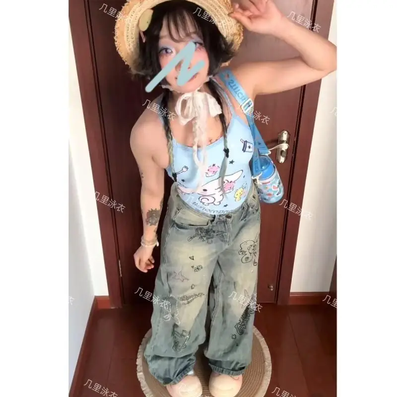 ملابس سباحة سانريو سينامورول، بيكيني رياضي ملتصق للفتيات، وسادة صدر لحمام السباحة الرئيسية، نمط داخلي نحيف، نمط العطلة