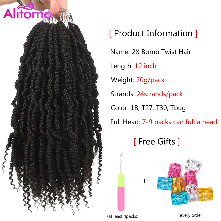 Alitomo Bomb Twist Crochet Hair Pre looped 14inch Synthetic Kinky Curly Spring Twist Hair Mini Passion Twist Hair for Women