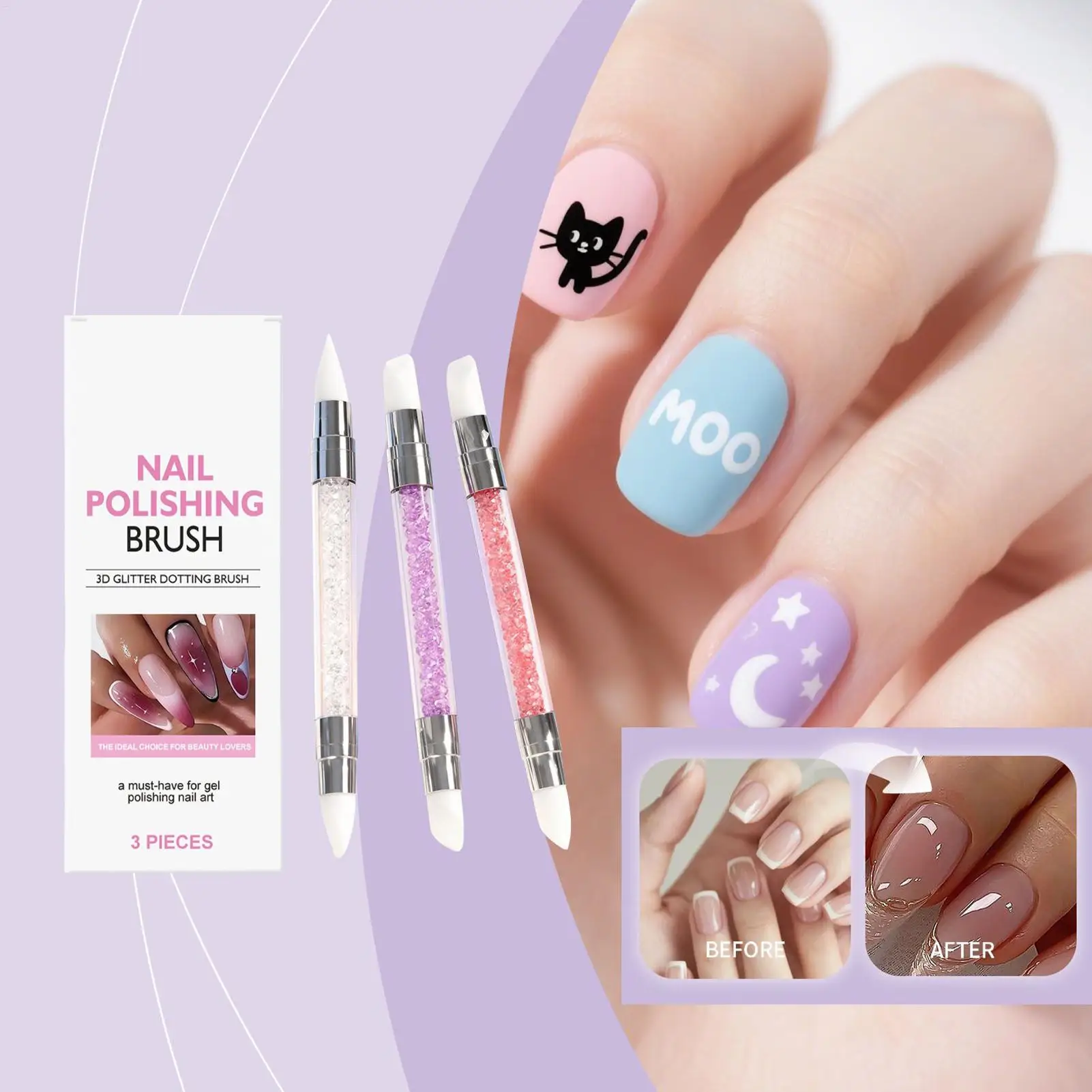 3개입 양쪽 사용 가능한 라인스톤 네일아트 실리콘 펜 조각펜 3D 꽃 조각 도트 도구 매니큐어 브러쉬 실리콘 네일 도구