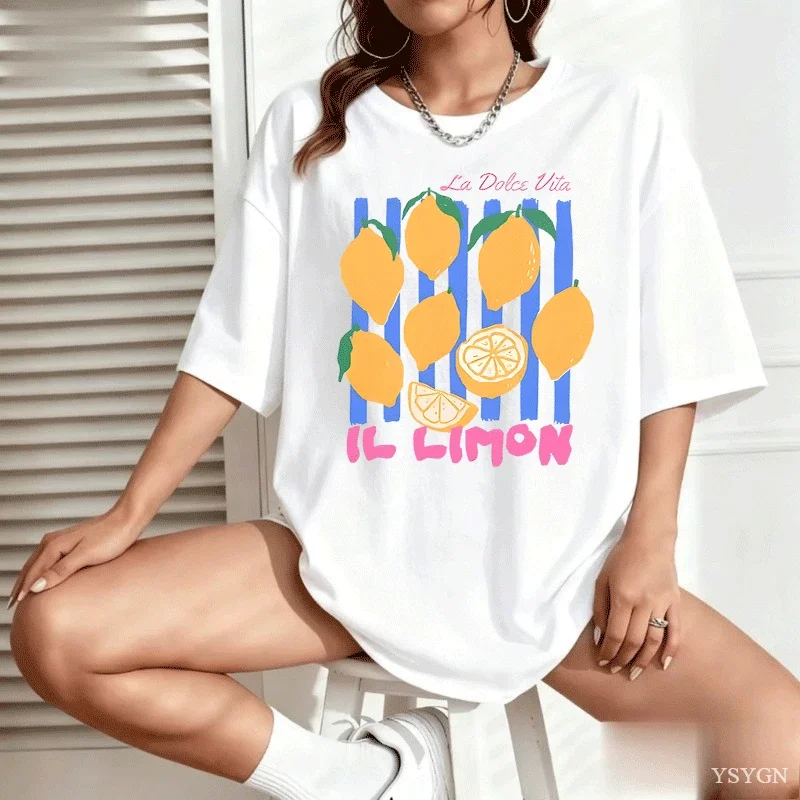 Lemon Tshirt Italian Summer Fruit T Shirt Cotton Short Sleve Loose Tshirt Women Ladies Vintage Graphic Tees Aesthetic Clothes