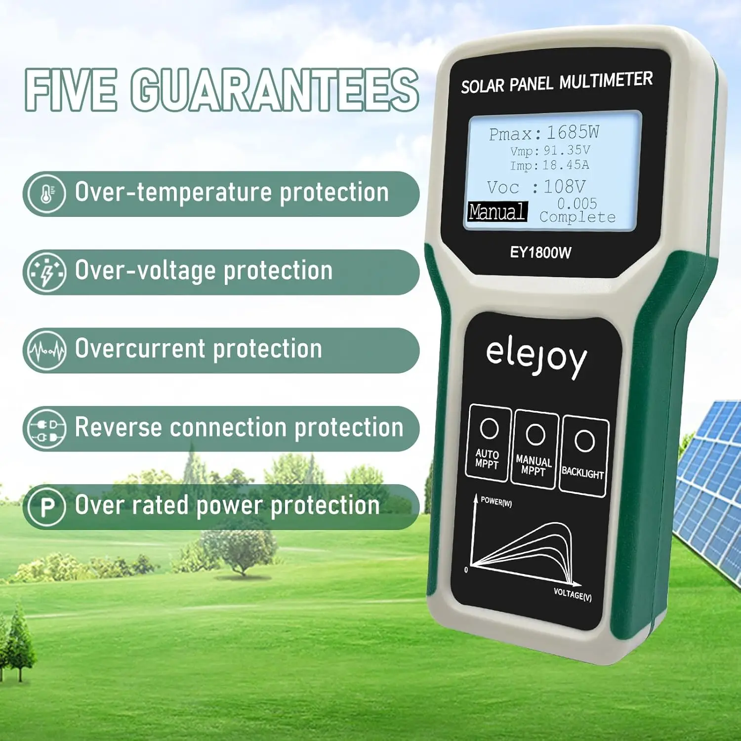 جهاز قياس متعدد الألواح الشمسية |   5 واط ~ 1800 واط، 20-120 فولت، 0-60 أمبير اختبار تلقائي/يدوي |   شاشة LCD ذكية MPPT |   محمول للأنظمة الكهروضوئية