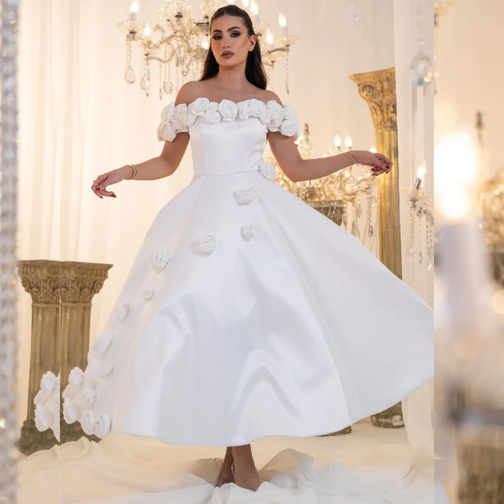 Vestido Midi de satén brillante con flores para playa, traje a medida con cuello de barco, exquisito y de alta calidad