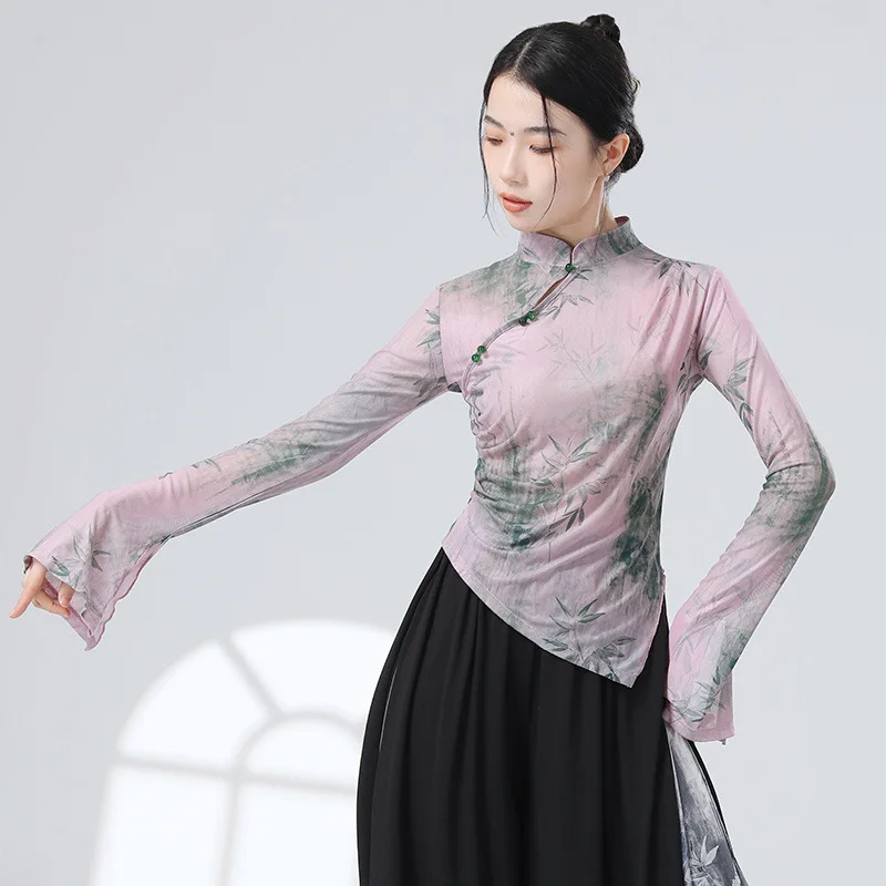 UMI MAO Chinese New Chinese Top Slim Classical Dance Ink Painting Mesh Improved Cheongsam Flared Sleeve Modern Dance Tops