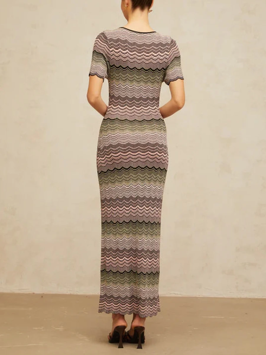 VGH Slim Fit Striped Printing Temperament Dresses For Women Round Neck Short Sleeve High Waist Elegant Dress Female Fashion New