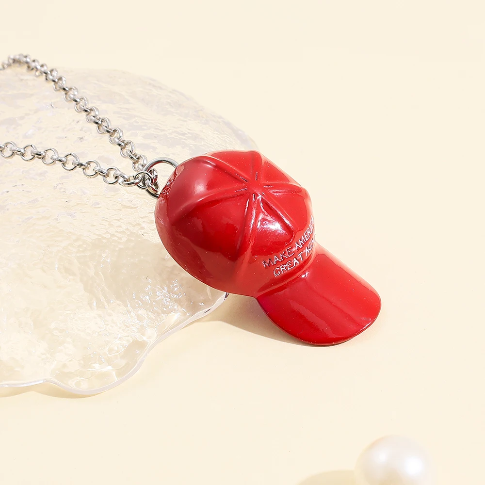 Red Baseball Cap Shape Pendant Necklace Letter Hat Charm Necklace Alloy Fashion Novelty Statement Jewelry for Men Party Gift