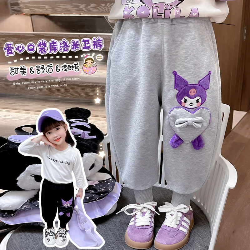 Anime Sanrios Jeans Cartoon Kuromi Children's Versatile Casual Sweatpants Korean Cute Girls Spring Fall Elastic Waist Trousers