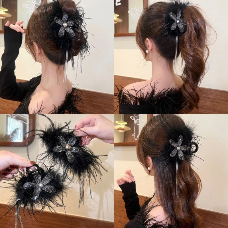 Elegant Fashion Princess Feather Hairpin For Women Hair Claw Clips Headdress Long Tassels Grab Clip Female Hair Accessories