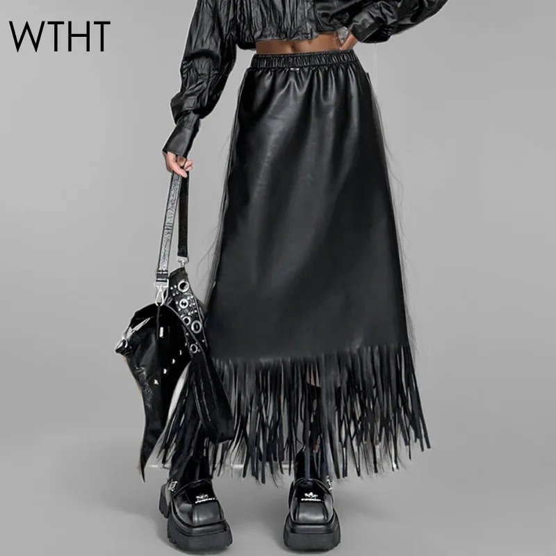 WTHT Trendy New Women's Tassel Edge PU Leather Skirts 2024 Winter Fashion High Waist Wrap Hip Long Skirt Female 1LS606