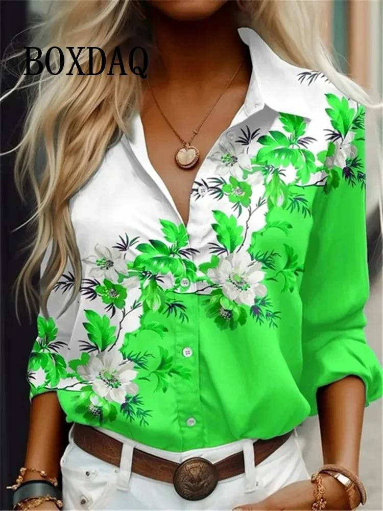 2024 Women\'s Shirt Blouses Flowers Printing Button Loose Long Sleeve Tops Casual Elegant Fashion Lapel Spring Autumn Lady Blouse