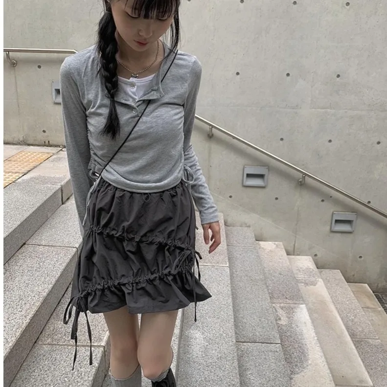 

Водонепроницаемая нейлоновая юбка-шорты с завязками, женская повседневная функциональная юбка в стиле ретро, японская юбка средней длины, корейская юбка со средней талией