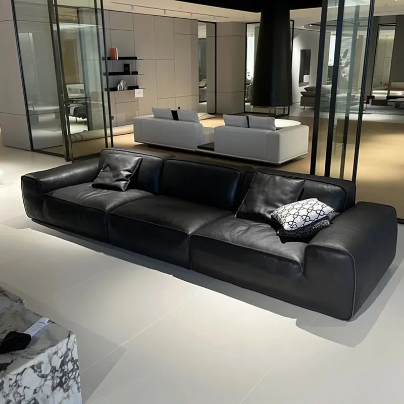 Sofa leather first layer leather Italian style, minimalist four-person straight row one-character sofa master design