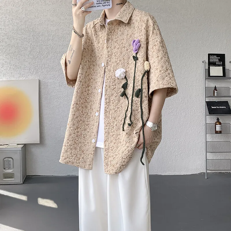 

Men's French Style Textured Short Sleeve Shirt Unique 3D Floral Embossed Casual Summer Shirt, Artistic Designer Slim Fit Blouse