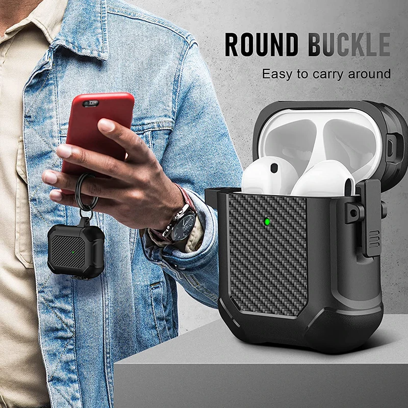 Carbon Fiber Secure Lock Clip Case para Airpods Pro, Full Body Shockproof Bluetooth Fone de ouvido, caixa de carregamento Airpods 1, 2, 3