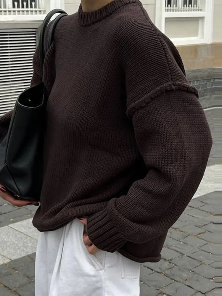 

Autumn Winter Oversized Crew Neck Sweater Women's Chunky Knit Long Sleeve Drop Shoulder Top 2025 Casual Daily Solid Outerwear