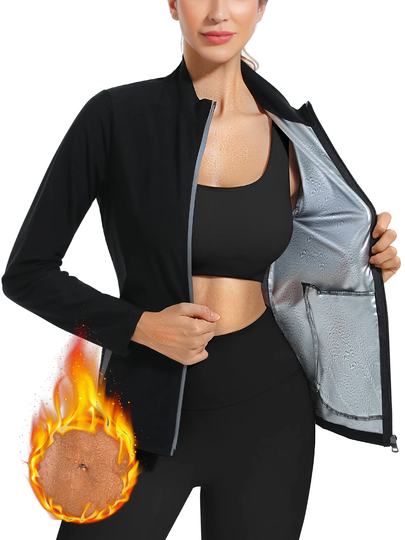 Women Long Sleeve Sauna Sweat Jacket Silver Inner Coated Full Zip Workout Tops Pocket Design Thermo Sweat Enhancer Tummy Control