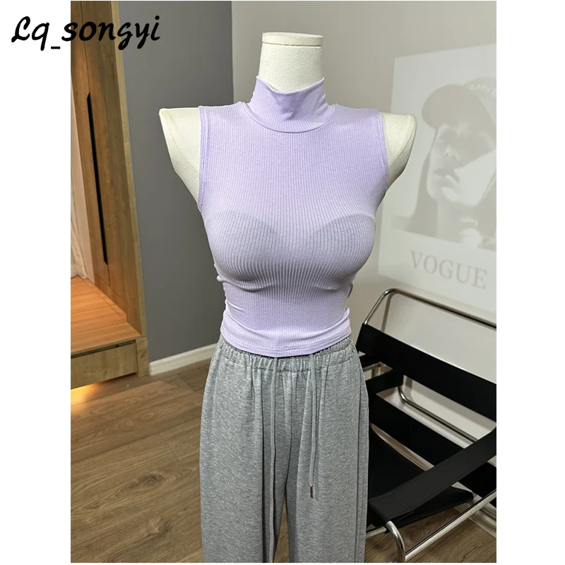 

Thin ~ Slightly See-through ! Mock Neck Slim T Shirts Women Basic High Strech Tight T Shirt Lq_songyi Solid Sleeveless Tank Top