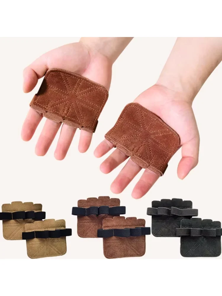 1 Pair Cowhide Weightlifting Gloves Four-finger Palm Protection Anti-slip Wear-resistant Fitness Sports Training Palm Guard