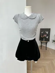 T-shirt in maglia grigia moda coreana Slim Chic colletto rovesciato Tees Gyaru Crop Top Y2K 2000s Streetwear estetico di alta qualità