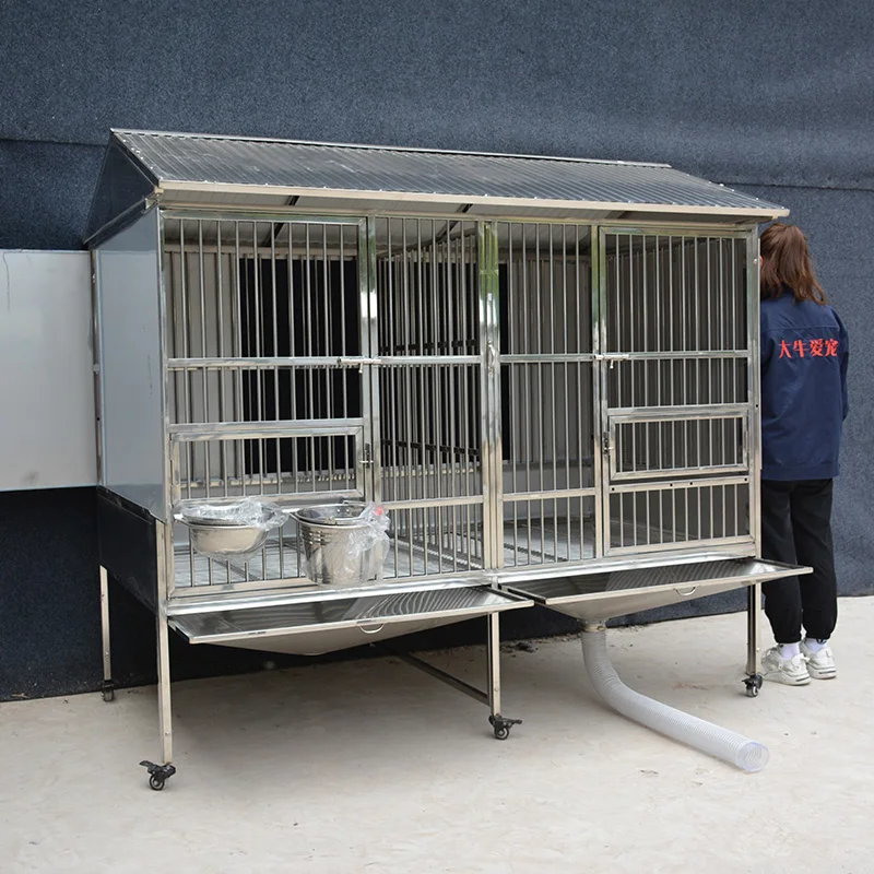 New Design Silver Stainless Steel Dog Kennel Cage with Feeding Bowl & Push-Up Closure All-Season Windproof Dog House