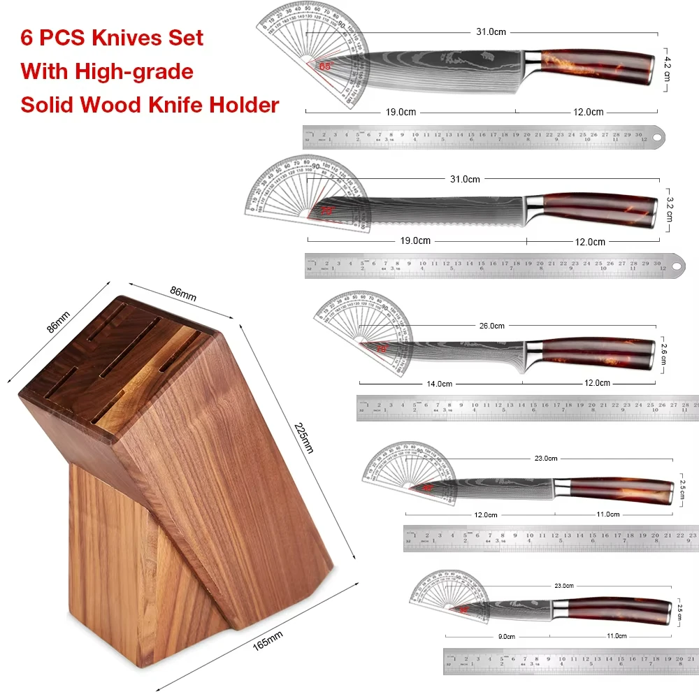 Superior Sharp Kitchen Knife Set Resin Handle Includes chef knife bread knife boning knife solid wood knife holder Fast Delivery