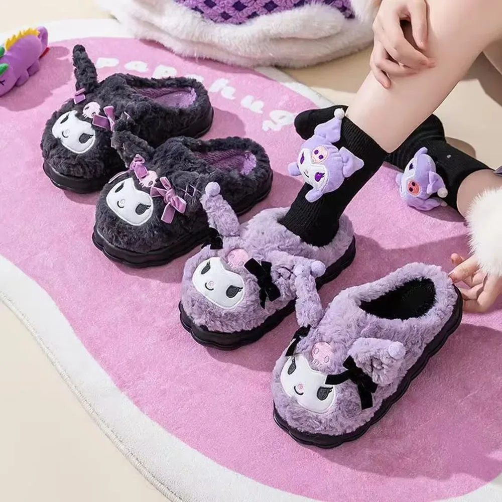 New Sanrio Kawaii Kuromi Cotton Slippers Cute Winter Home Slippers Thick Sole Keep Warm Cotton Shoes Xmas Gift For Girlfriend