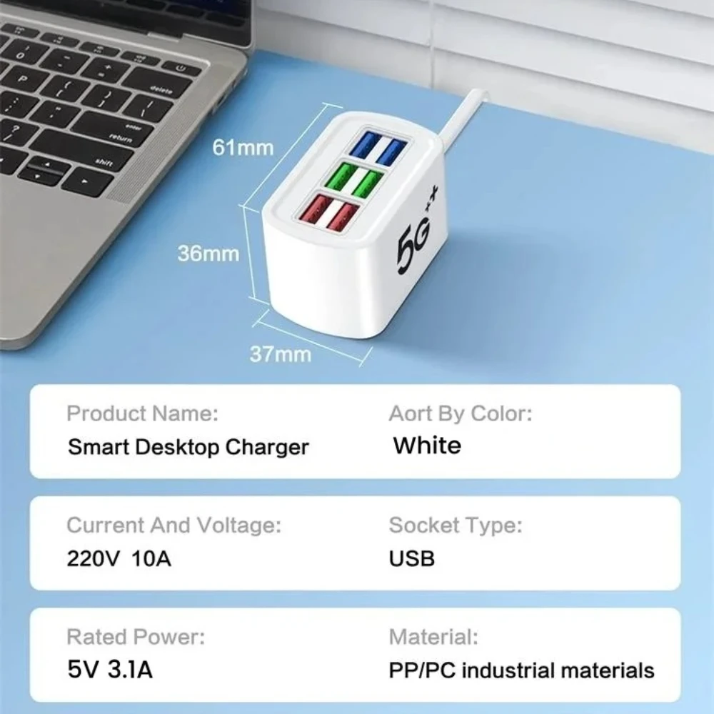 6 USB شاحن أبيض قطاع الطاقة العالمي شحن سريع الولايات المتحدة/الاتحاد الأوروبي التوصيل شاحن الهاتف المقبس تمديد محول شاحن الملحقات