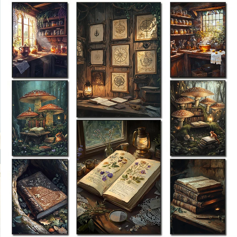 1pc  frameless Canvas Painting Wizards Potion Old Leatherbound Alchemy Book Poster Wizards Bookstore Canvas Painting Dark Academ